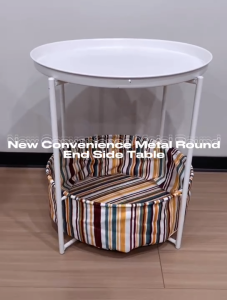 LOCAUPIN Elegant Round Bedside Table with Storage Shelf and Striped Basket  Modern Style Furniture