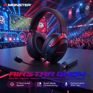 Monster | Monster GH04 Wireless Gaming Headphone 2.4G/Bluetooth 6.0 4-Mode 7.1 Surround Sound Esports Gaming Headset with Detachable Mic