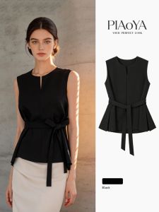 PIAOYA | Commuter Style Black Slimming Sleeveless Shirt