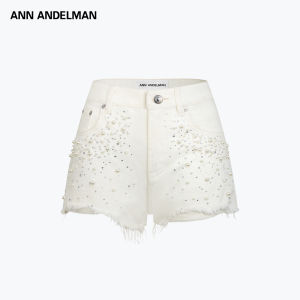 ANN ANDELMAN | Sequins and Pearls Frayed Denim Shorts White High Waisted