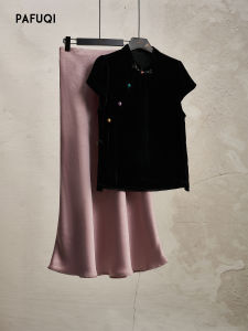 PAFUQI | High-Grade Velvet Modified Diagonal Placket Contrast Button Traditional Style Womens Wear