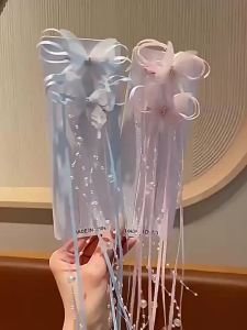 2 PCS Childrens Hairpins with Ribbon Bead Tassel Bow Cute Girls Hair Accessories