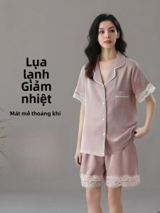 MiiOW | Bộ đồ ngủ lụa băng mùa hè cho nữ Bộ đồ ngủ tay ngắn quần ngắn viền ren cao cấp Bộ đồ mặc nhà thoải mái thoáng khí