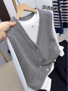 Gray V-Neck Knitted Vest Womens plus Size Slimming Basic Fashionable Outerwear Commute Style Regular Length Single Button