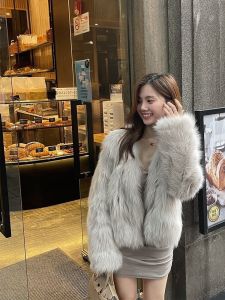 Fall Winter New Style Womens Loose Fox Fur Coat with Hood Artificial Mink Fur Jacket Eco-friendly Long Sleeve Korean Version