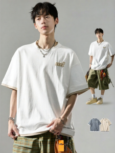 SZON | Color Block Two-layer Style Men Cotton T-shirt Short Sleeve