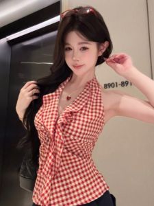 GUZILIAN | French Red Plaid Neck Hanging Strap Vest Women Summer Pure Desire Spicy Girl Knot Butterfly Waist Cinching Sleeveless Top