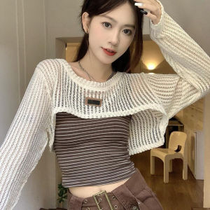 ⚜️SF Fashionable Retro Design Hollow-out Long Sleeved Top Design Sense Niche Shawl Knitted Short Smock