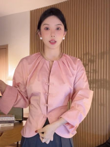 Elegant Chinese Style Long Sleeve Shirt Womens Fashionable Waist-Cinching Top Button Design Autumn Collection Slim Fit