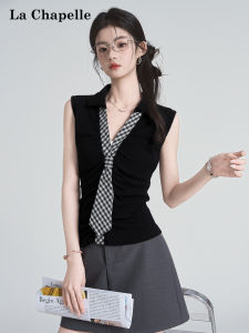La Chapelle | Plaid Patchwork V-neck Black Sleeveless Slimming Summer Top