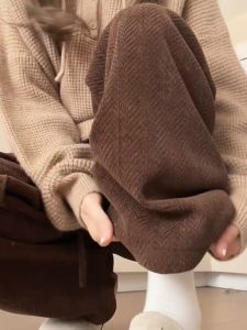 Womens High Waist Thickened Fleece Wide Leg Pants Autumn Winter New Style Straight Cut Trousers Coffee Color Mermaid Pants