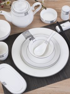New Chinese Style Ceramic Dinnerware Set with Silver Edge Relief Design for Restaurant Table Setting Hotel Banquet Hall