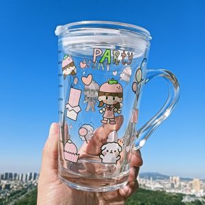 Thickened Cartoon Print Glass Cup with Straw round Shape Milk Cup for Children Travel Handheld Handle in European Style