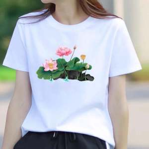 Lotus Chinese Fad Fashion Popular Internet Celebrity Best-Selling New Type Short Sleeve Casual Thin Print Womens round Neck Cute T-shirt