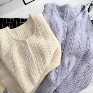 Spring 2024 Womens Slim Fit Long Sleeve Short Knitted Cardigan Open Front Hollow out Design Sweet Style Pure Color Ma Hai Wool