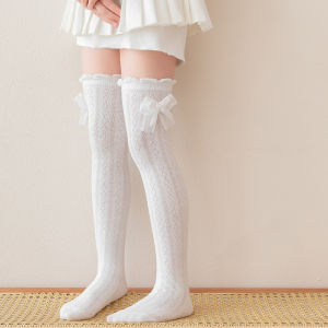 Childrens Girls Knee High Long Socks Soild Color Japanese Princess Bow Calf Socks Spring Summer Breathable Kids Stockings 3-8Y