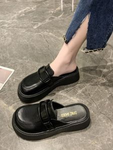 Forest System Large round Head Slip-On Shoes Cute Embellishment Retro Thick Bottom Platform Half Slippers for Women Korean Style