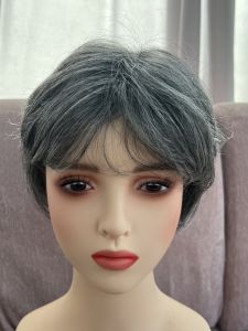 Natural Short Straight Hair Wig for Elderly Women Fluffy Silver White Synthetic Hair Cap for Seniors Bald Head Cover