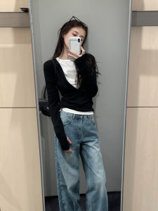 XUECAIQI | Slim Fitting Fake Two-Piece Set Shirt Jeans