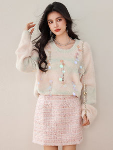 Elegant Loose Knitted Sweater Womens Autumn Winter Thick Warm Glittering Crew Neck Pullover Soft Cotton Blend Long Sleeve Top