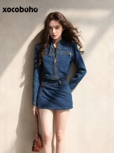 xocoboho | Korean Style Business Casual Blue Denim Set
