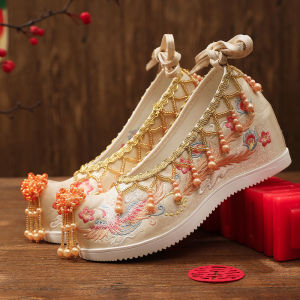 Gold Embroidered Wedding Shoes Womens Hanfu Style Adult High Top Traditional Chinese Shoes Floral Pattern round Toe EVA Outsole