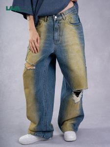 Lavaland High Waist Loose Fit Highlight Straight Leg Jeans Denim Pants Womens Autumn Fashion Light Blue Yellow Harlan Style