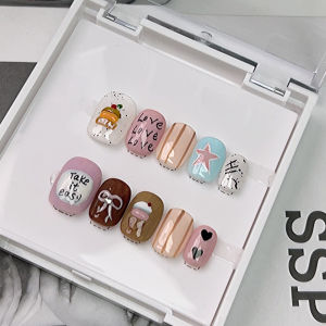 NAILCO | 10Pcs Hand-Painted Graffiti Cute Cartoon Short False Nail Retro Maillard Style Nail Patch Rose Gold Gilded Bow Press on Nails