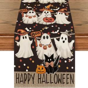 Halloween Table Runner Cute Ghost Pumpkin Black Cat Bat Dot Print Halloween Dinner Party Sideboard Dresser Home Decoration