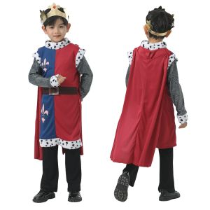 3-10 Years Kids Boys King Arthur Role Play Costume 3Pcs Set Medieval Royal Prince King Costume Children Halloween King Cosplay Dress Up Outfit Pretend Play Clothing