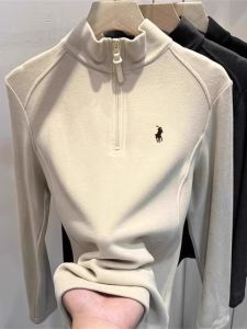 Double-Sided Fleece Long Sleeve T-Shirt Womens Zipper Inner Shirt Print Design Commute Style Regular Thickness Winter Collection