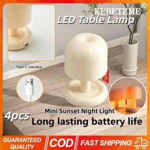 KEBETEME Mini Mushroom Sunset LED Table Lamp Rechargeable Type-C Night Light Long Lasting Battery Cute Decor Desk Lamp for Bedroom Bedside Decor Gift