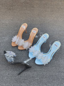 Summer High Heels Open Toe Lace Diamond Butterfly Knot Thin Heel Strap Sandals Womens Shoes Fashionable Low Cut Slip-On PU Leather