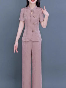 MAIMEI | Fashionable Professional Cheongsam Two-Piece Set Womens Short Sleeve Long Pants Polyester Fiber Buttoned Summer New Arrival