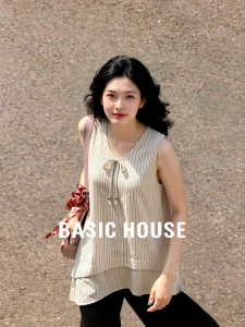 Basic House | French Style Contrast Stripe Sleeveless Cotton Shirt