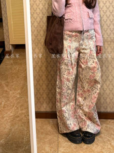 American Style Lazy Girl Loose Wide Leg Pants Floral Print High Waist Vintage Fashion Slimming Casual Floor Length Trousers