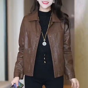 แจ็คเก็ตหนังสั้นแฟชั่นสำหรับผู้หญิง ฤดูใบไม้ผลิ ฤดูใบไม้ร่วง ฤดูหนาว เสื้อคลุมกันหนาวสไตล์สั้น เสื้อคลุมกันหนาวแบบลำลอง แจ็คเก็ตผู้หญิง