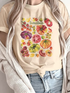 Abstract Tomato Vegetable Print Round Neck Vibrant Fruit Veggie Graphic All-Season Top Summer Womens Casual Aesthetic Clothes