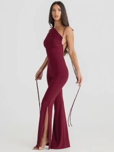 กางเกงเดรสลำลองเอวสูงทรงเข้ารูปผูกโบว์หลังเปิดไหล่สไตล์สตรีท กางเกงขายาวทรงเข้ารูปสำหรับผู้หญิง