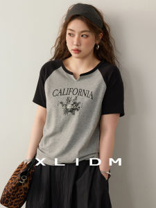 Degradable Eco-Friendly Fabric Short Sleeve T-Shirt Womens plus Size American Contrast Color Insert Shoulder Sleeve Top