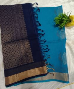 Chettinad silk cotton saree 120 count Blue and gold traditional Indian saree with intricate patterns and fringed border.