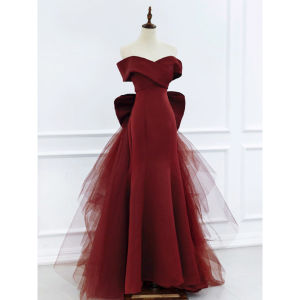 ชุดราตรีเอวสั้นทรงหางปลา แขนกุด กระโปรงยาว ชุดแต่งงานสีแดง ชุดราตรีเซ็กซี่สำหรับผู้หญิง