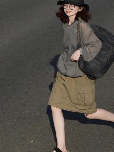 Spring Summer 2025 New Style Simple Drawstring Workwear Pocket Short Skirt Women Retro Atmosphere Slimming A-Line Skirt