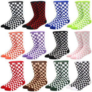 Mens Harajuku fashion checkerboard socks street sports print skateboard socks hip hop mid socks