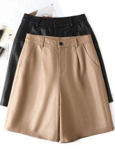 Real Leather Sheepskin Womens Short Pants Five-Quarter Loose High Waist Slimming Wide Leg Casual Trousers for Autumn 2025