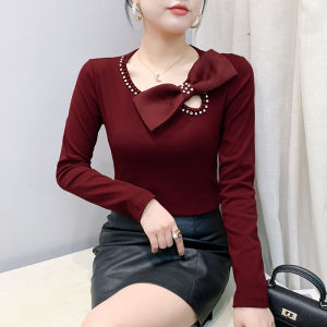 Yimei 2025 Cung Mới thiết kế khoét lỗ áo cotton màu đỏ cho nữ áo mùa xuân dài tay giảm béo và giảm béo thời trang áo thun kim cương nổi bật móng tay công nghiệp nặng cho nữ