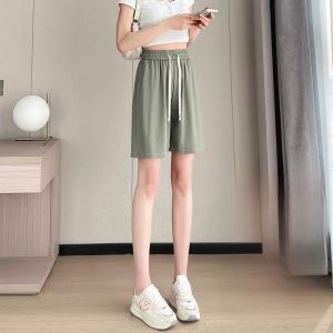 LANGPIN | กางเกงขาสั้นผ้าไหมน้ำแข็งสำหรับผู้หญิง กางเกงขายาวทรงตรงหลวมๆ ใส่สบาย สำหรับฤดูร้อน 2023 กางเกงขายาวลำลองสำหรับใส่กลางแจ้ง