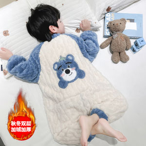 Childrens One-Piece Pajamas Autumn and Winter Coral Fleece Double Layer Thickened Baby Anti-Kick Quilt Baby Flannel Boys Sleeping Bag