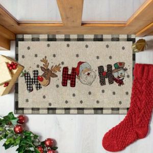 VIKAMA Ho Ho Ho Christmas Door MatReindeer Santa Snowman Print Entryway Rug Non Slip For Front Door Indoor Outdoor Decor