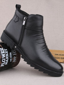 Cotton-Padded Leather Shoes Mens Genuine Leather Winter Fleece-lined Boots Mens High-Top Dad Two Cotton-Padded Leather Shoes Business Casual Zip Ankle Boots